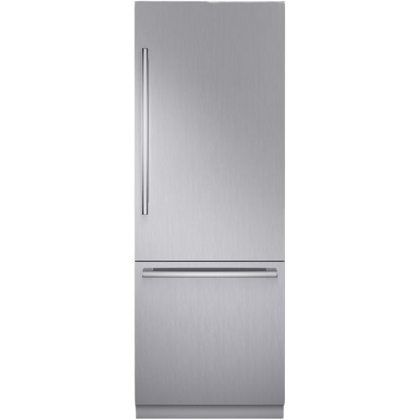 built-in stainless steel bottom freezer refrigerator with soft-close flat hinge and modern vertical handles for kitchen appliances