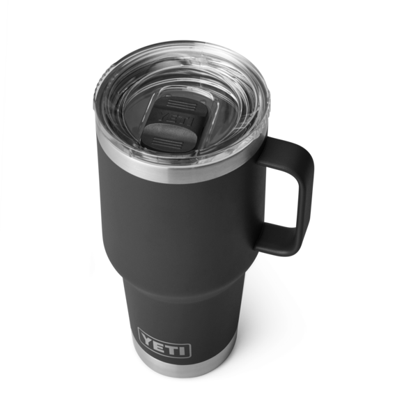 Black stainless steel 30 oz travel mug with handle and clear stronghold lid, designed for reliable use in drinkware and kitchenware collections.