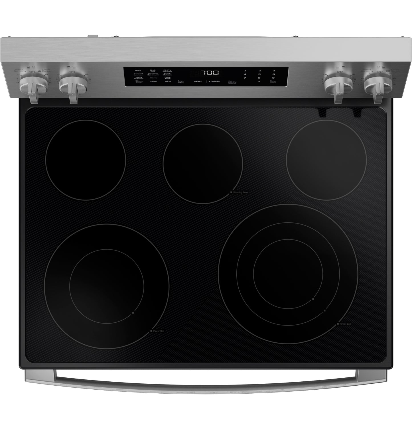 Top view of stainless steel electric range with smooth black glass cooktop and digital control panel in ranges collection