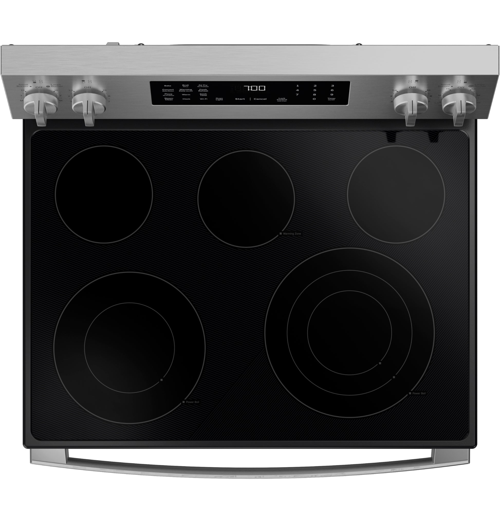 Top view of stainless steel electric range with smooth black glass cooktop and digital control panel in ranges collection