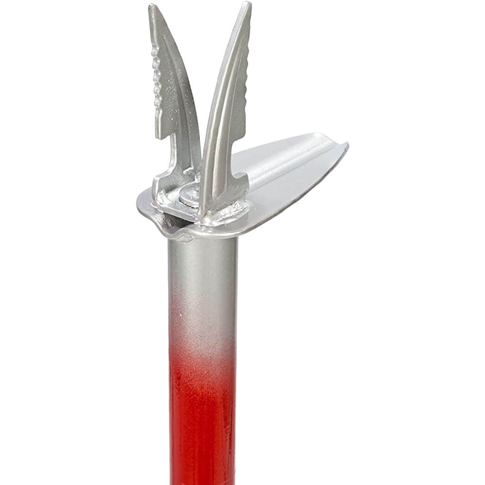 Red and silver metal garden weed popping tool with serrated claws and foot pedal for outdoor hand tool use