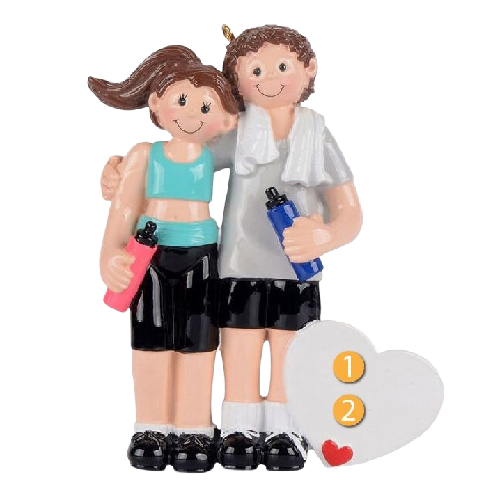 Couple ornament dressed in workout clothes holding water bottles with a heart for Christmas decorations under $50 collection
