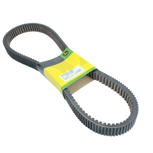 Black rubber synchronous belt with inner teeth and yellow-green John Deere branded packaging for home tools use
