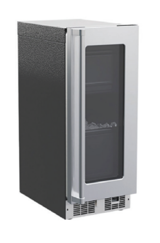Compact clear ice machine with stainless steel frame and glass door for kitchen and appliance collections