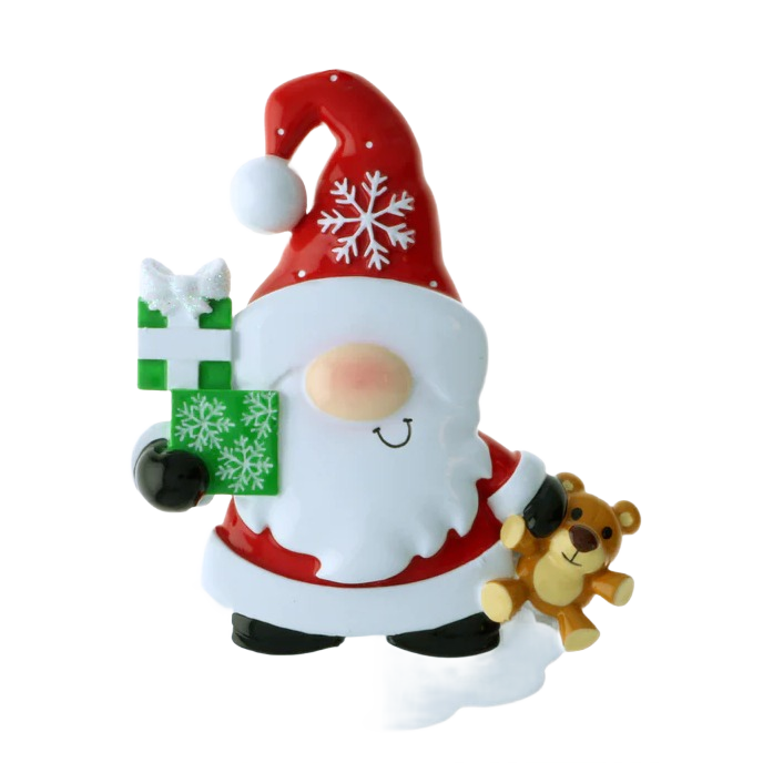 Festive gnome figurine in red hat holding green presents and teddy bear for Christmas Ornaments & Tree Decorations under $50 collection