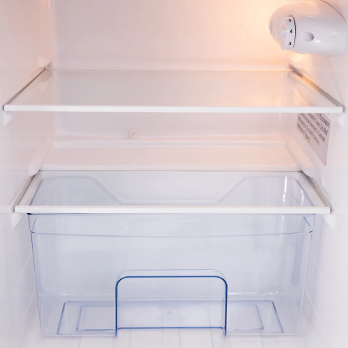 interior view of a compact refrigerator with adjustable temperature control and clear storage drawer for mini refrigerators