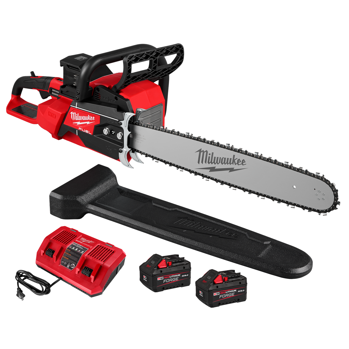 Red and black cordless chainsaw kit with dual batteries, charger, and blade guard for home improvement and outdoor cutting tasks