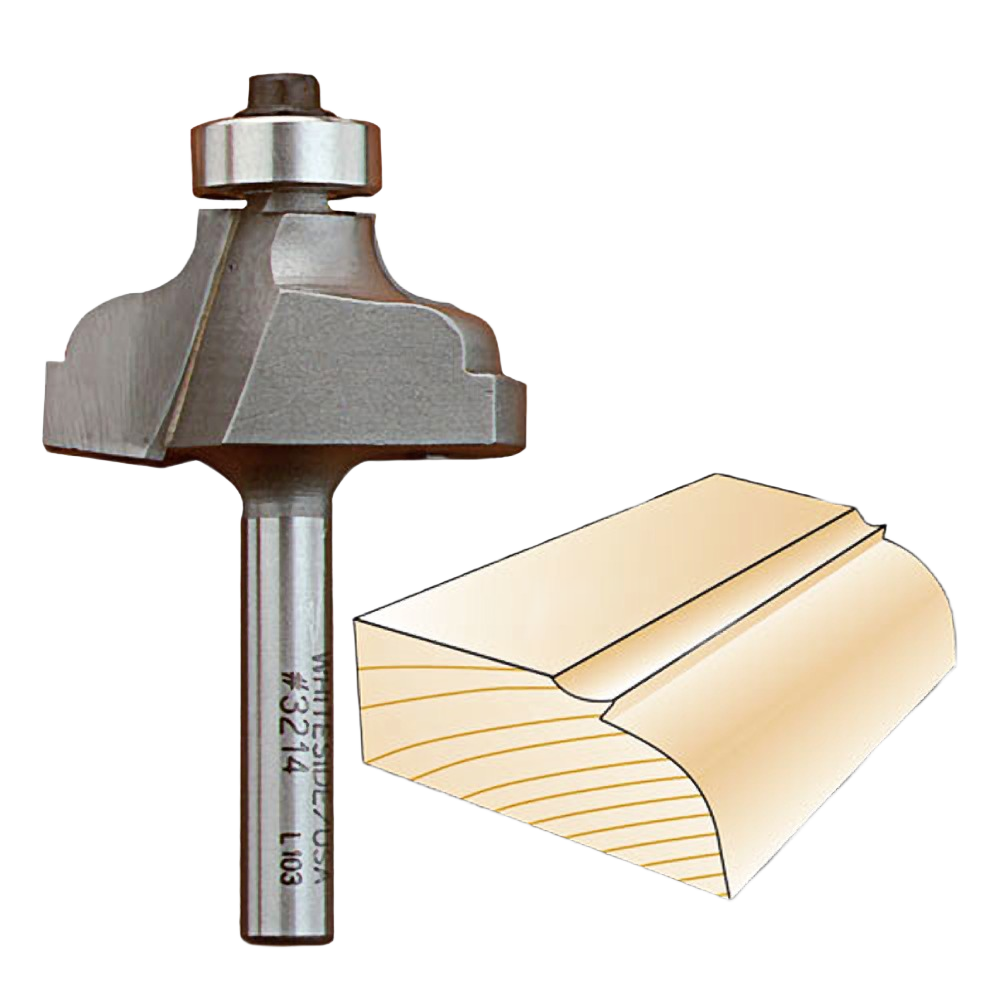 Router bit tool with bearing guide and example ogee edge profile for woodworking and home improvement accessories