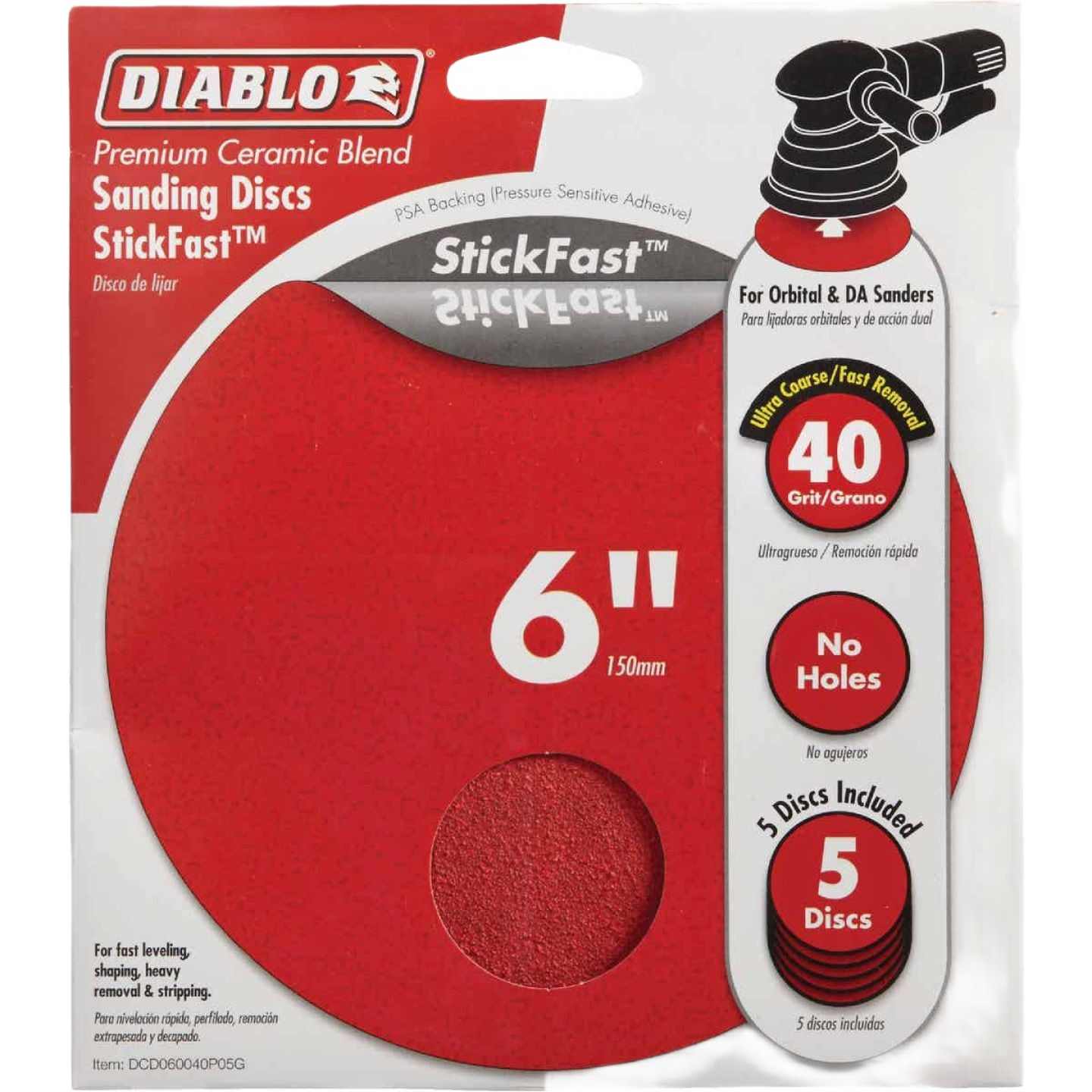 Six-inch 40-grit sanding discs in a five-pack with ceramic blend for heavy removal in power tool accessories.