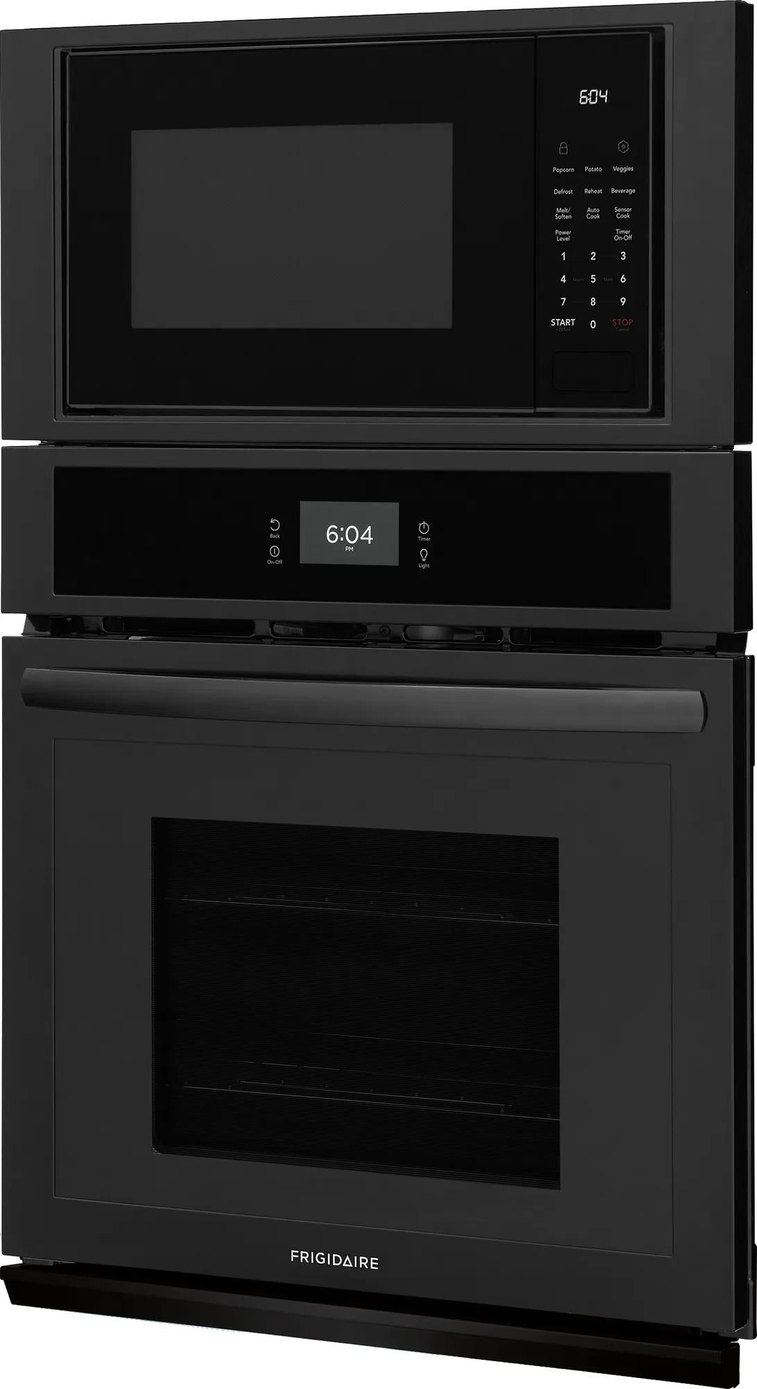 Matte black built-in electric oven and microwave combo with digital displays in kitchen appliances collection
