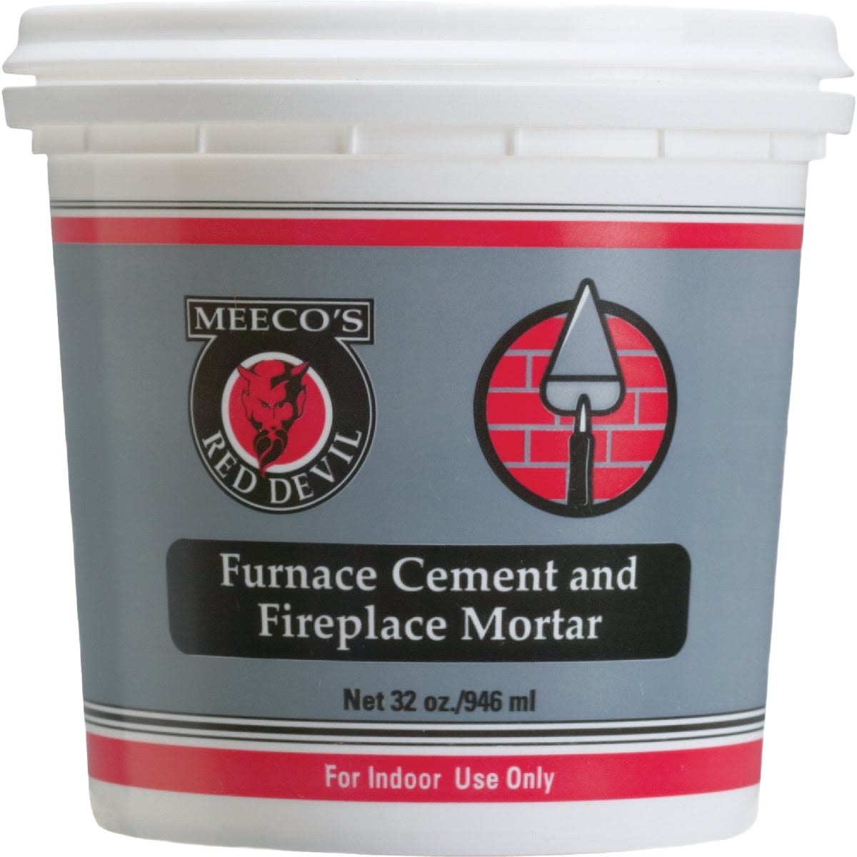 Container of Meeco's Red Devil gray furnace cement and fireplace mortar for masonry and home improvement tasks