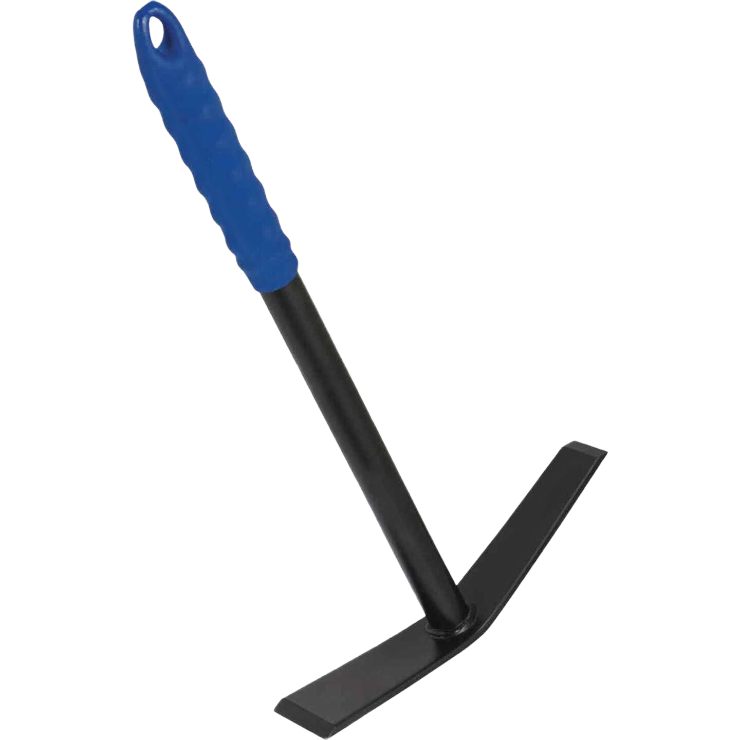 14-inch steel garden mattock with black shaft and blue ergonomic handle for digging and planting in gardening tools collection