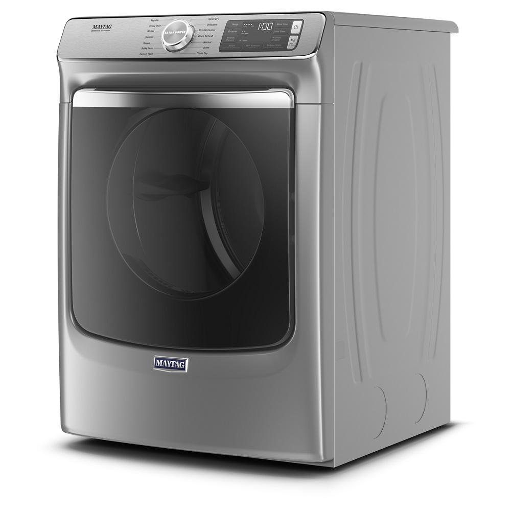 Gray front-load gas dryer with large glass door and digital control panel in Dryers and Appliances collections