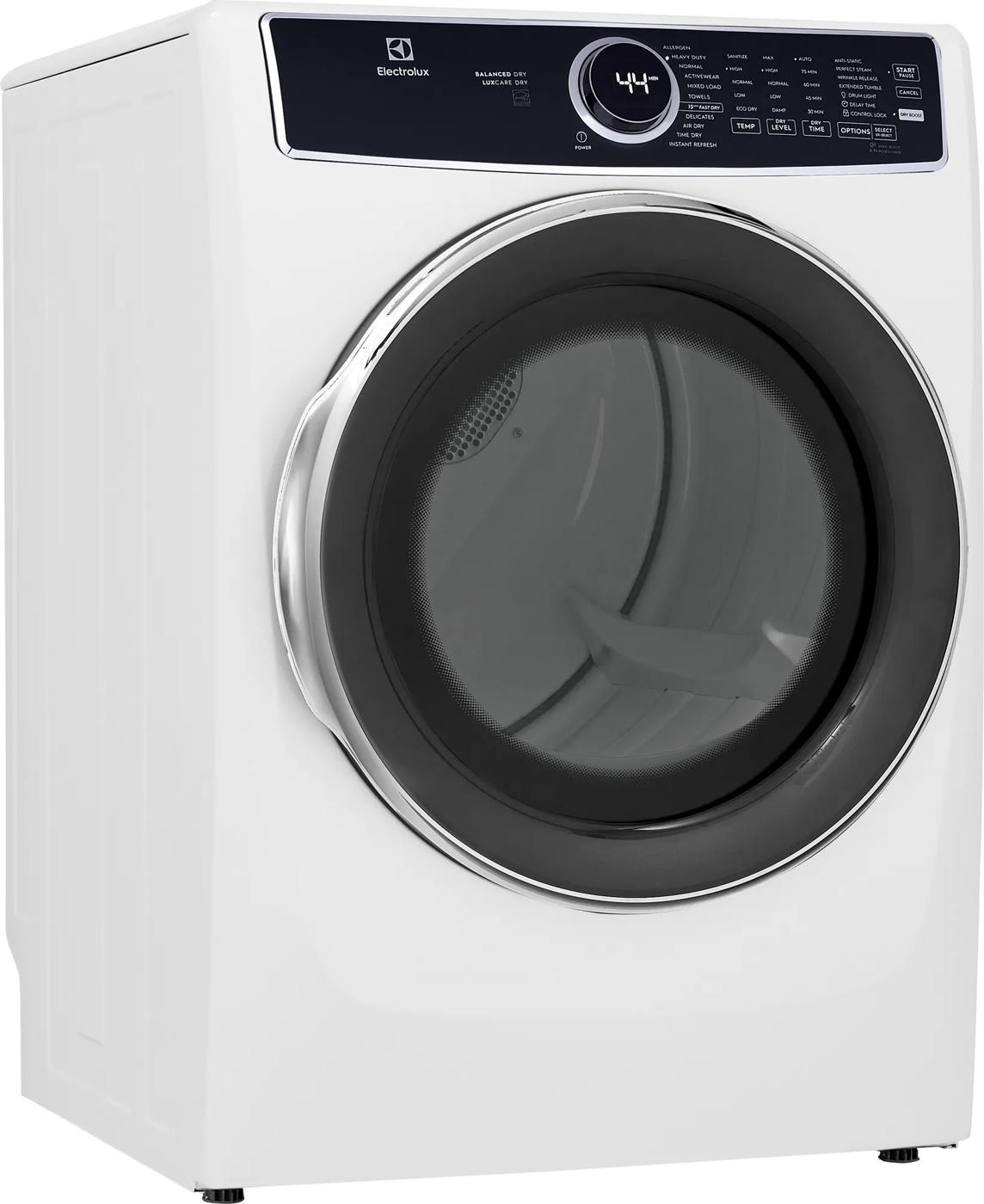 White front load gas dryer with digital control panel and round door, part of Dryers and Appliances collections