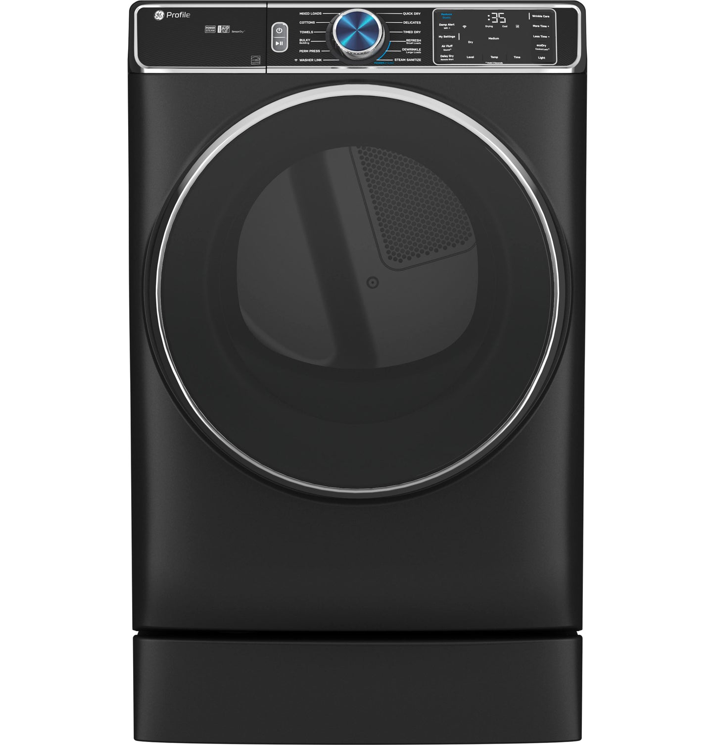 Front view of black front-load dryer with digital control panel on appliance and dryer parts collection
