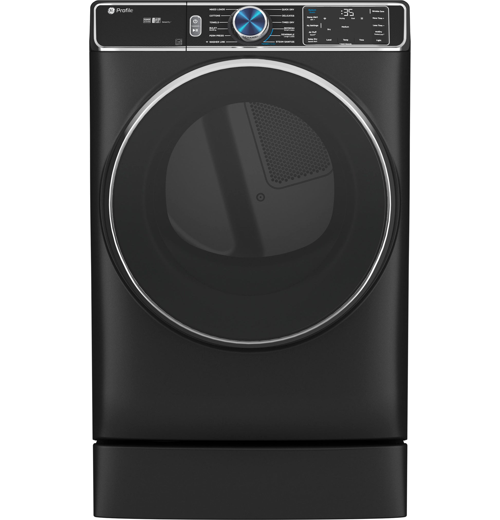 Front view of black front-load dryer with digital control panel on appliance and dryer parts collection
