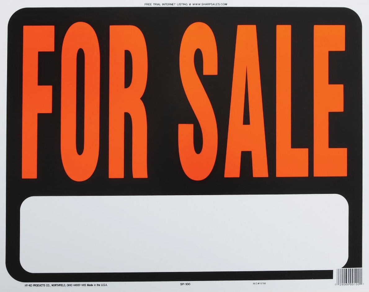 Black and fluorescent orange plastic sign with bold "For Sale" text and blank white space for writing, hardware category