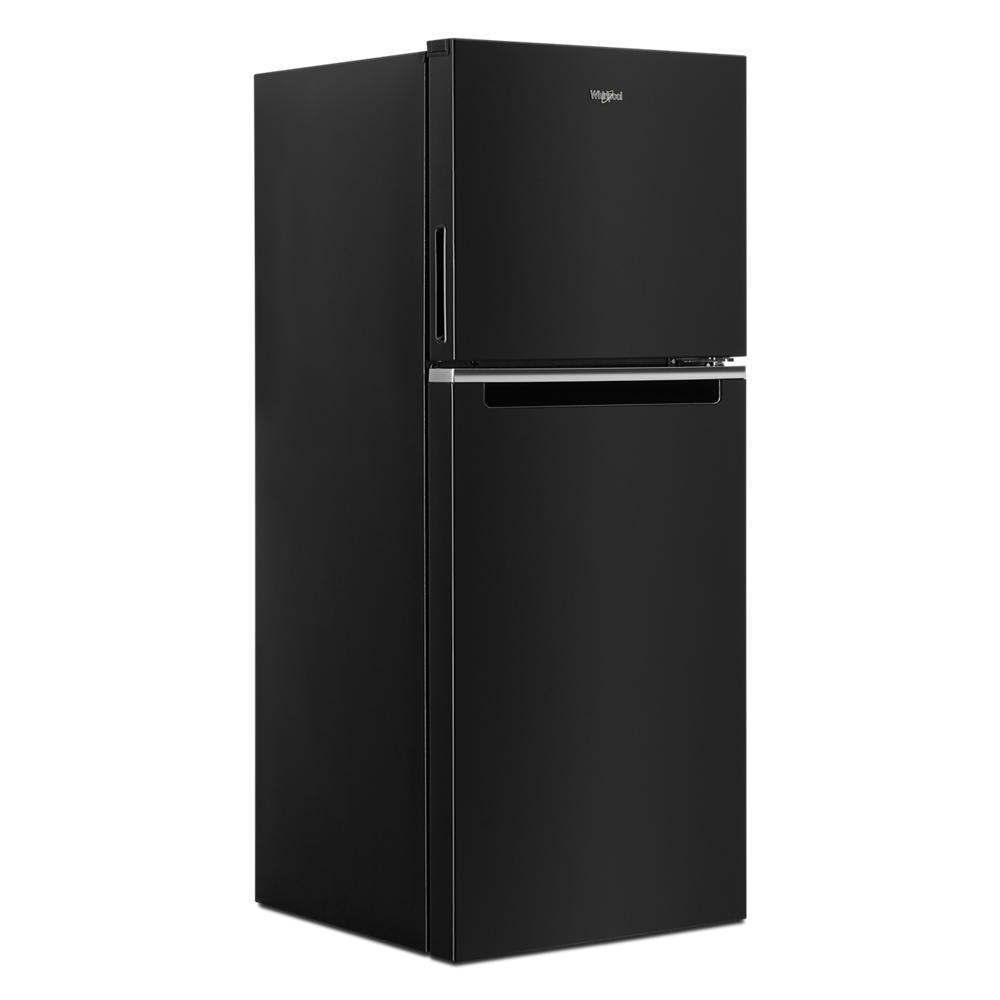 Angled view of a black 24-inch wide top freezer refrigerator in appliances and kitchenware collections