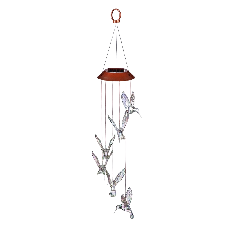 Solar-powered iridescent hummingbird mobile with hanging chimes for decorative outdoor garden accents.