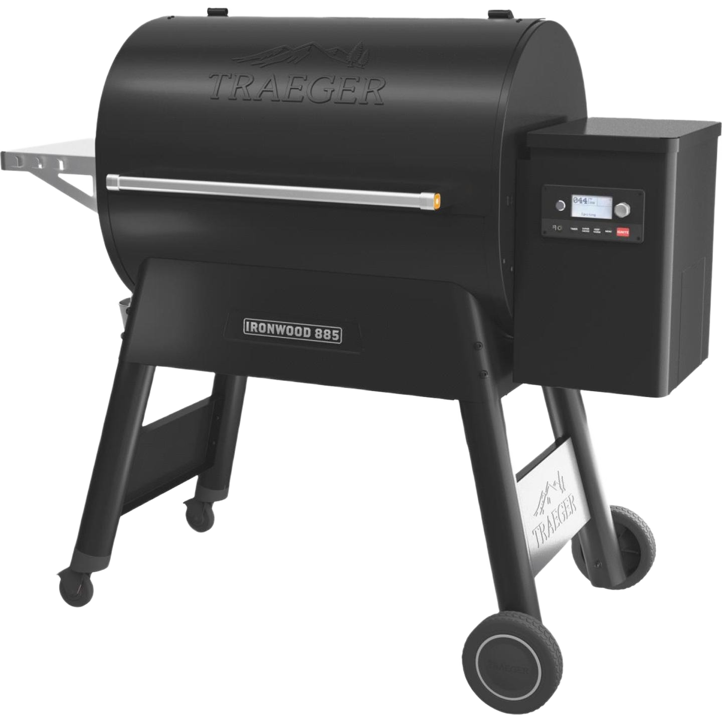 Black trailer-style pellet grill with digital control panel and steel legs on wheels for outdoor grilling and lawn use