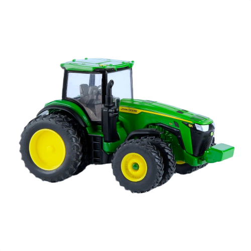Green and yellow scale model tractor with detailed tires and black exhaust pipe for display or collection use