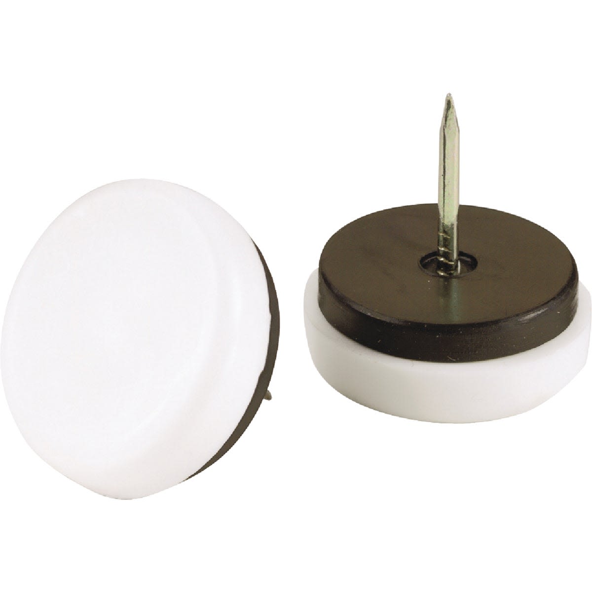 Set of round white nail-on glides with black rubber cushions for furniture legs in hardware and furniture accessories collections