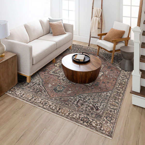 Muted earth tone area rug with subtle floral and geometric designs in cozy modern living room setting