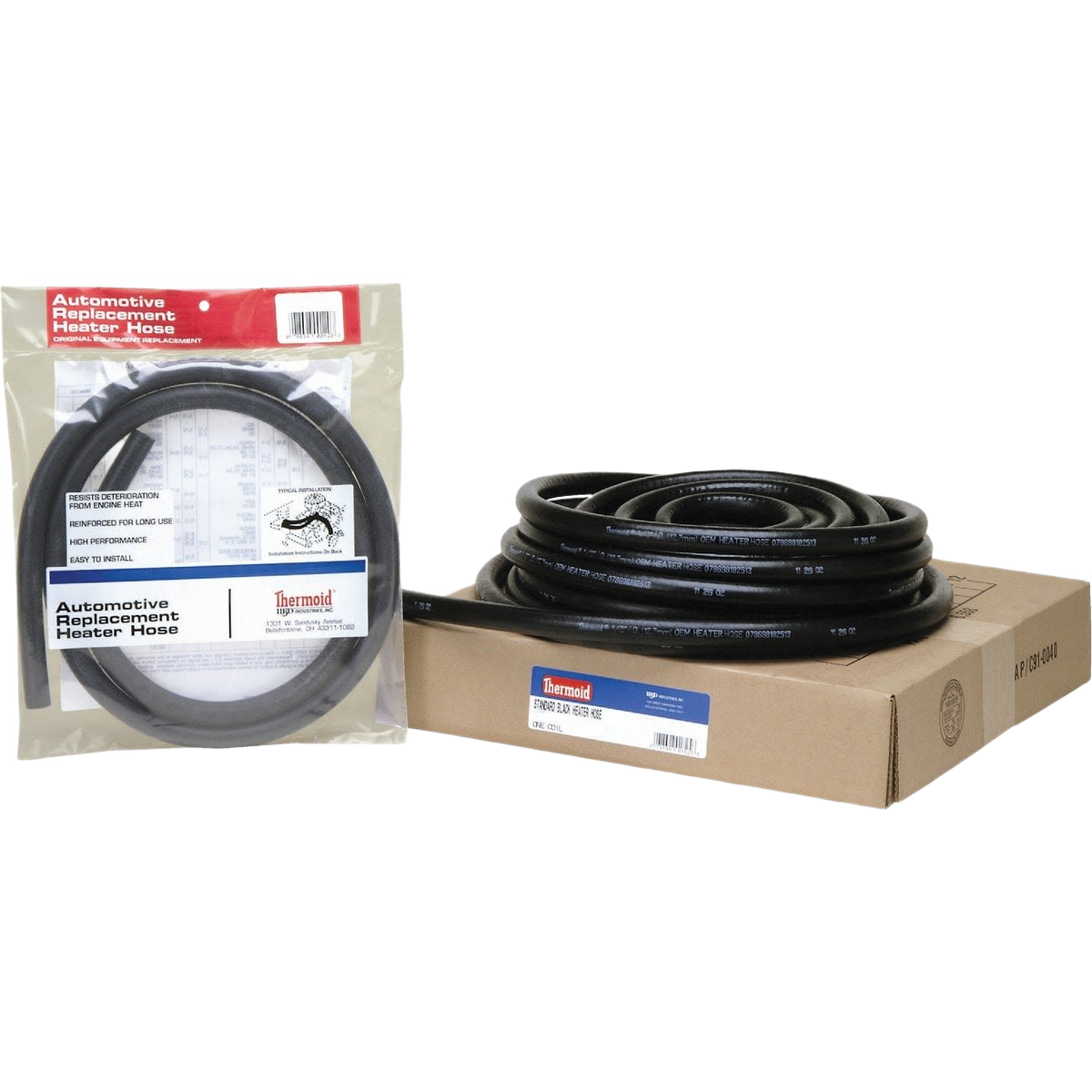 Coiled black automotive heater hose with packaging and box for tools and home improvement projects