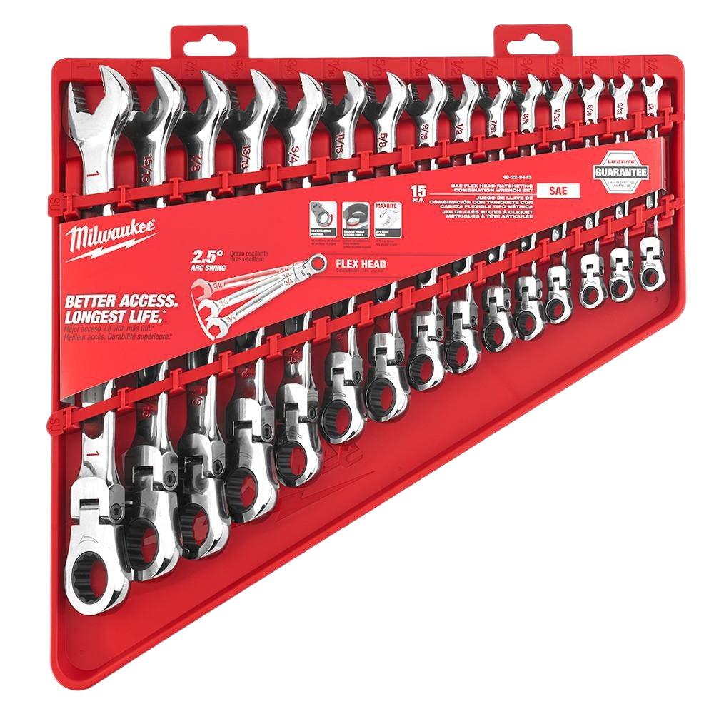 Set of polished SAE flex head ratcheting combination wrenches organized in a red branded carrying tray for tool and home improvement tasks