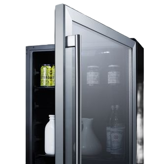 24-inch wide built-in beverage center with left hinge glass door and stainless steel frame for kitchen appliances collections