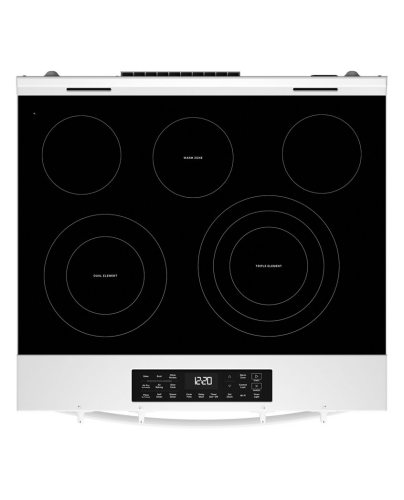 White 30-inch electric smart range cooktop with multiple heating zones and digital control panel in Ranges collection