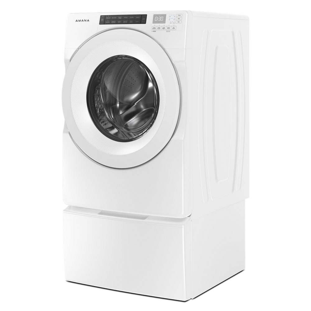 White front-load washing machine elevated on a matching pedestal with built-in storage from appliance parts collection