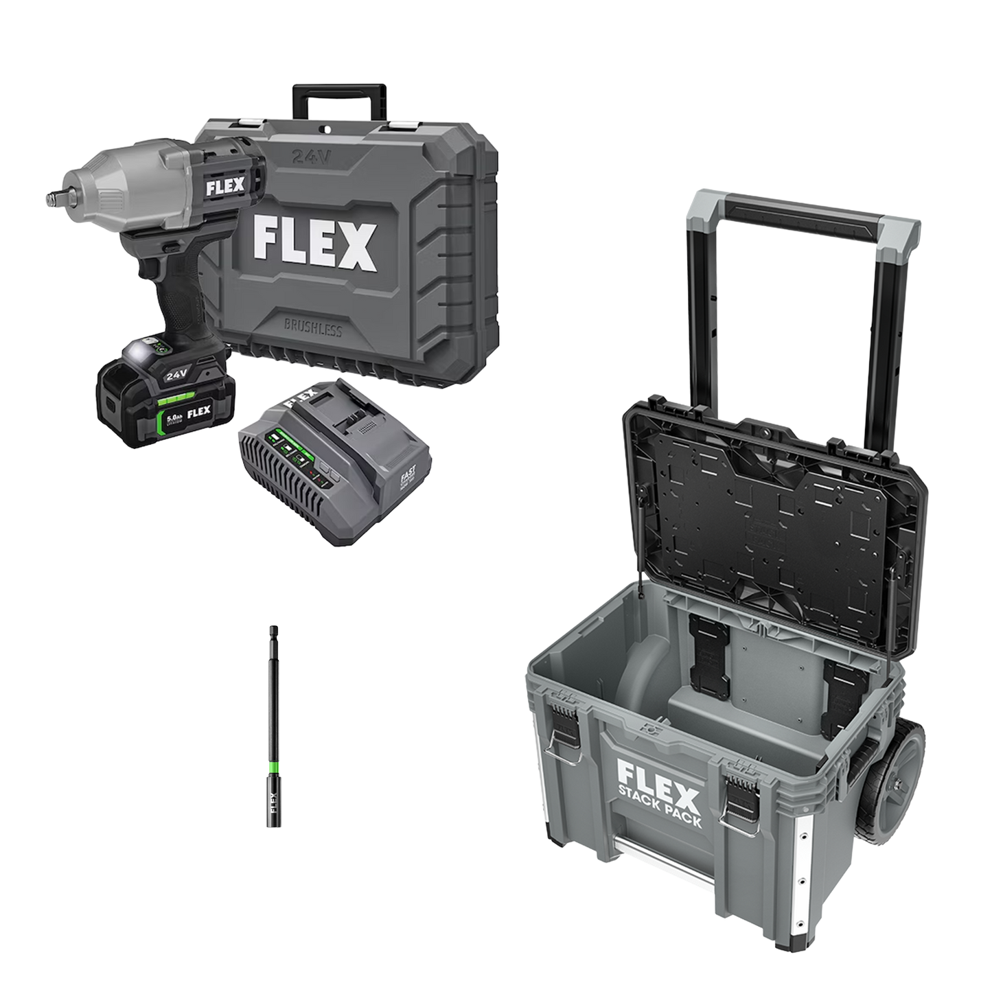 FLEX 1/2" High Torque Impact Wrench Kit + 6.0Ah Stacked Lithium Battery & Stack Pack™ Rolling Tool Box