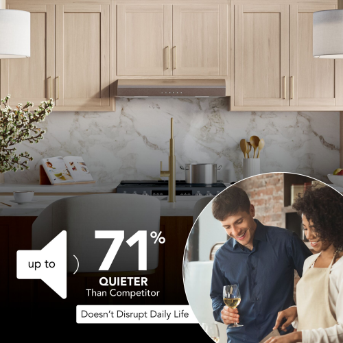 Under cabinet range hood in kitchen with wood cabinets, marble backsplash, and brass faucet in appliances collection