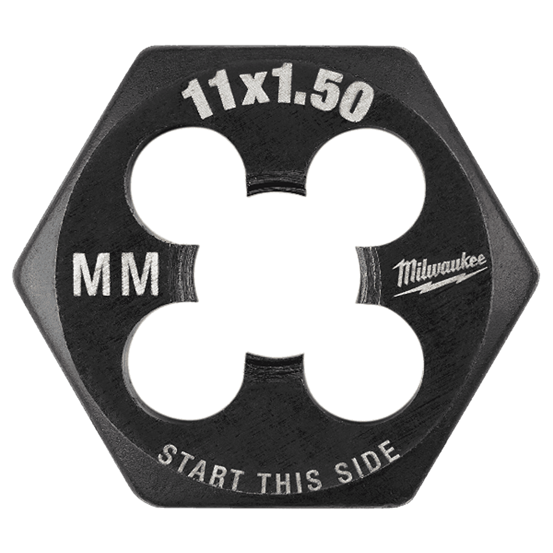 Black hex threading die with laser-etched metric sizing and brand logo for tool accessories and home improvement projects