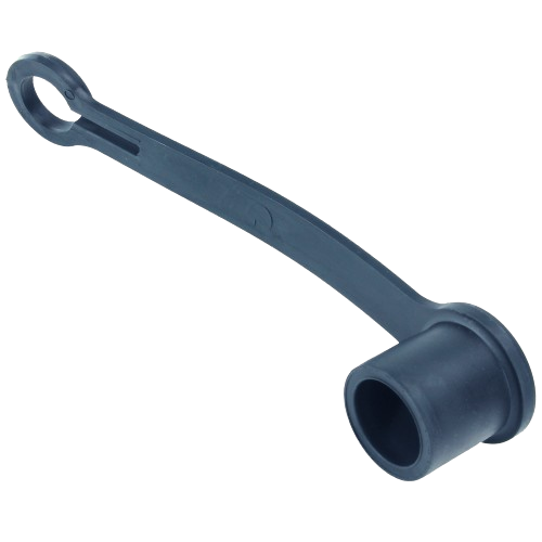 Flexible black plastic hydraulic coupler cap with tether, designed for protection in tools and home improvement tasks
