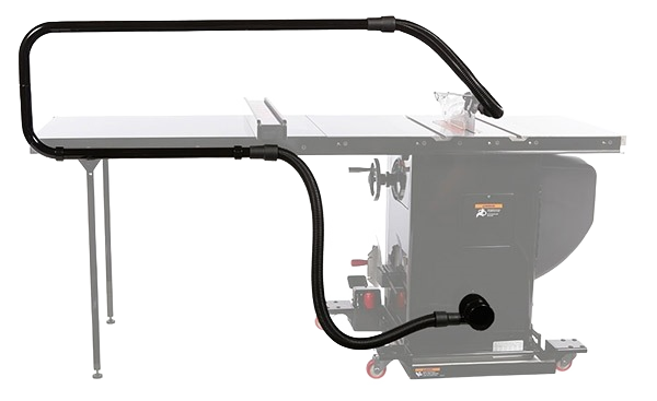 Black over-arm dust collection system attached to saw table for improved dust control in tools and home improvement tasks