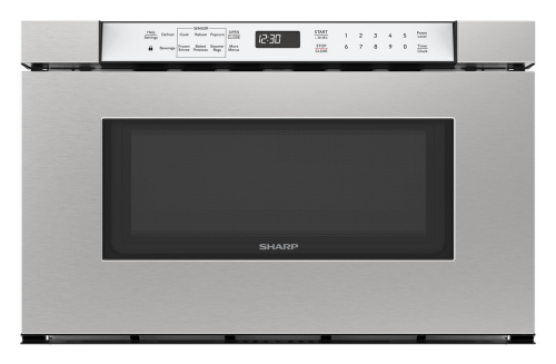 Stainless steel microwave drawer with digital display, sensor controls, and sleek black window in Microwaves and Appliances collections