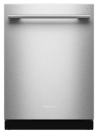 Front view of stainless steel dishwasher with sleek handle for KitchenAid appliance and kitchenware collections
