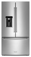 Counter-depth French door refrigerator with stainless steel finish and built-in water dispenser for modern kitchens