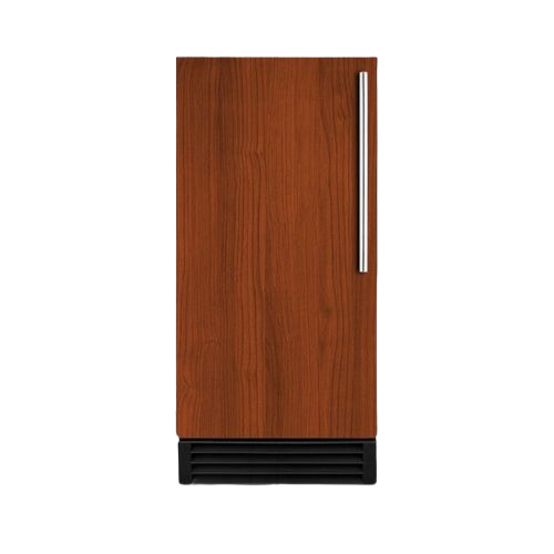 Built-in icemaker with right-hand door swing featuring a wood panel front and stainless steel handle in kitchen appliances collection