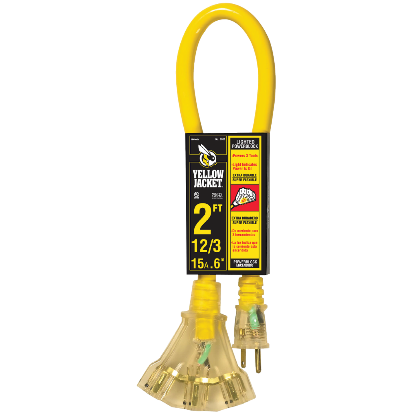 Yellow power block extension cord with three outlets and lighted plug for electrical and home improvement use