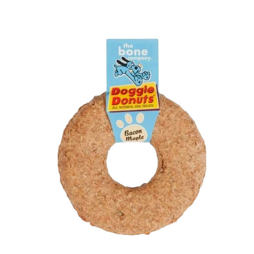 Round maple bacon flavored dog treat donut with blue branded label from pet and animal treats collection