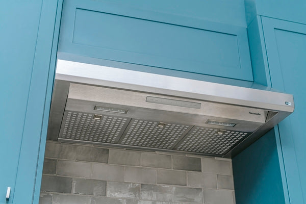 Stainless steel custom insert hood installed under blue kitchen cabinets in Range Hoods and Kitchen & Kitchenware collections