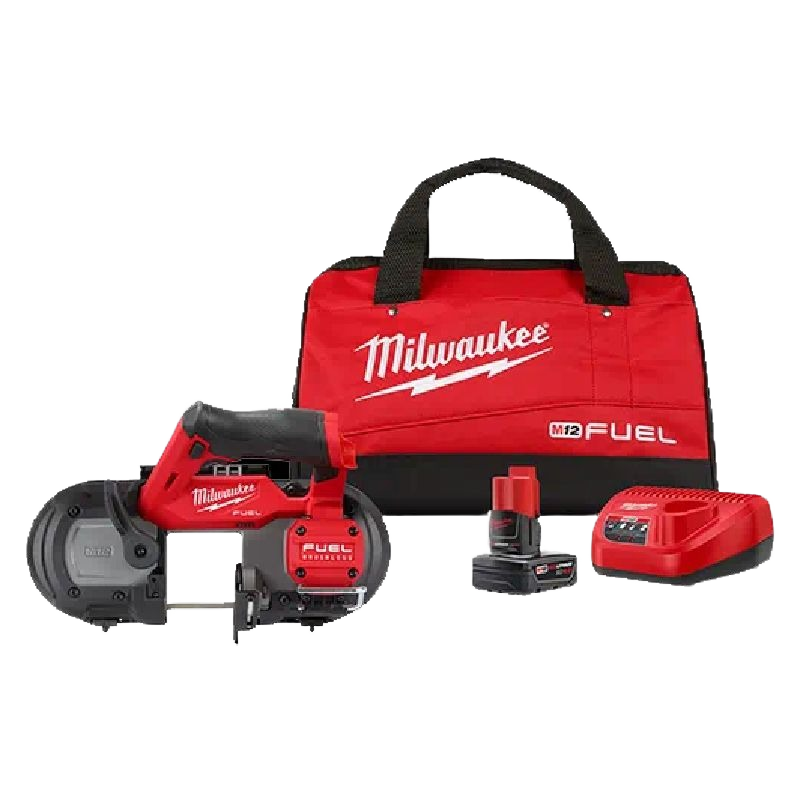 Compact red and black cordless band saw kit with battery, charger, and branded carrying bag for home improvement projects