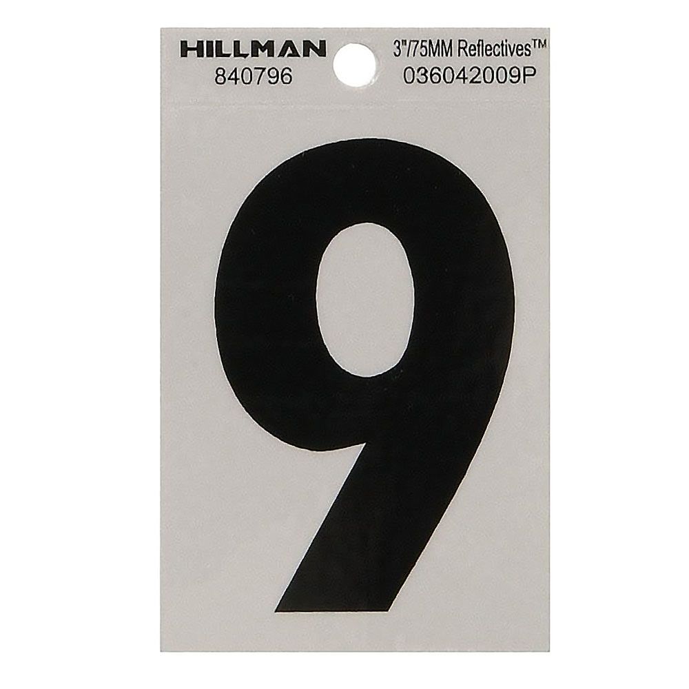 Black adhesive house number 9 with silver reflective backing for easy home improvement installation