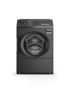 Matte black left-hinged front load washer with digital controls in washers and appliances collections