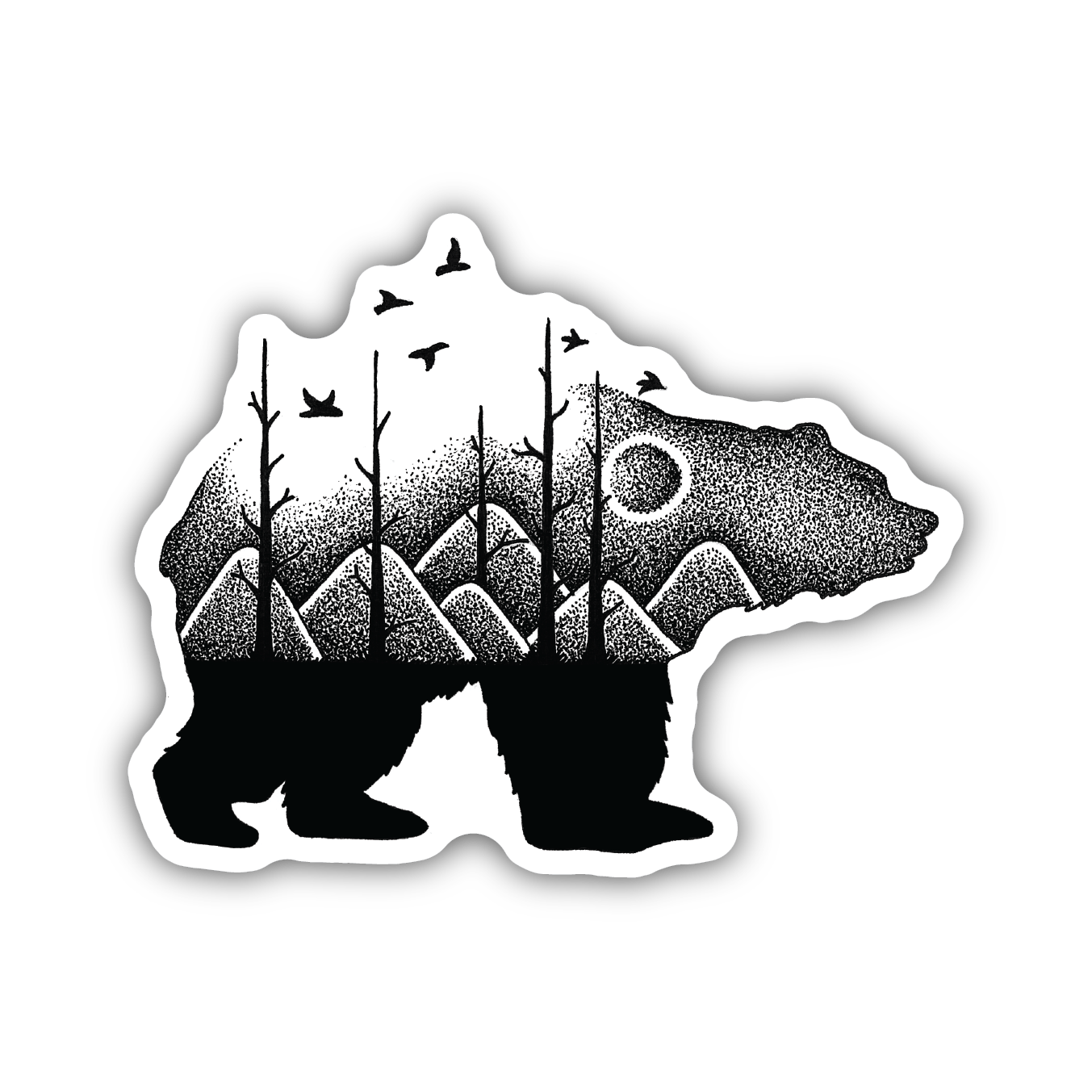 Bear-shaped sticker featuring a mountain landscape with trees, birds, and a sun or moon in a dotted black and white style