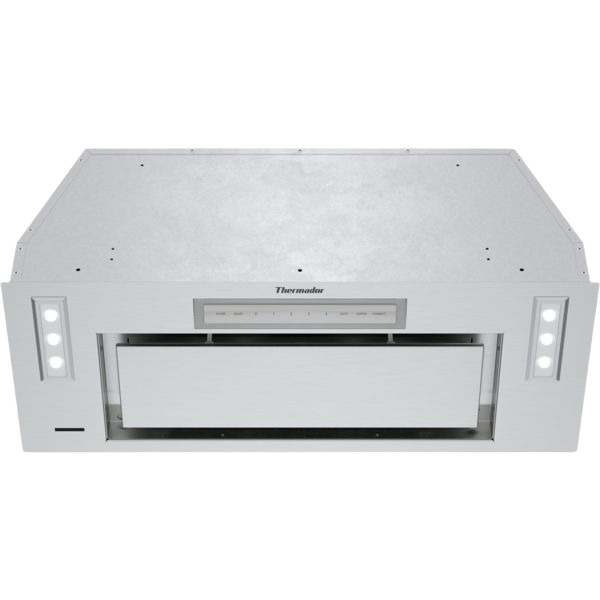 Stainless steel custom insert range hood with built-in LED lights and control panel from Thermador Appliances collection
