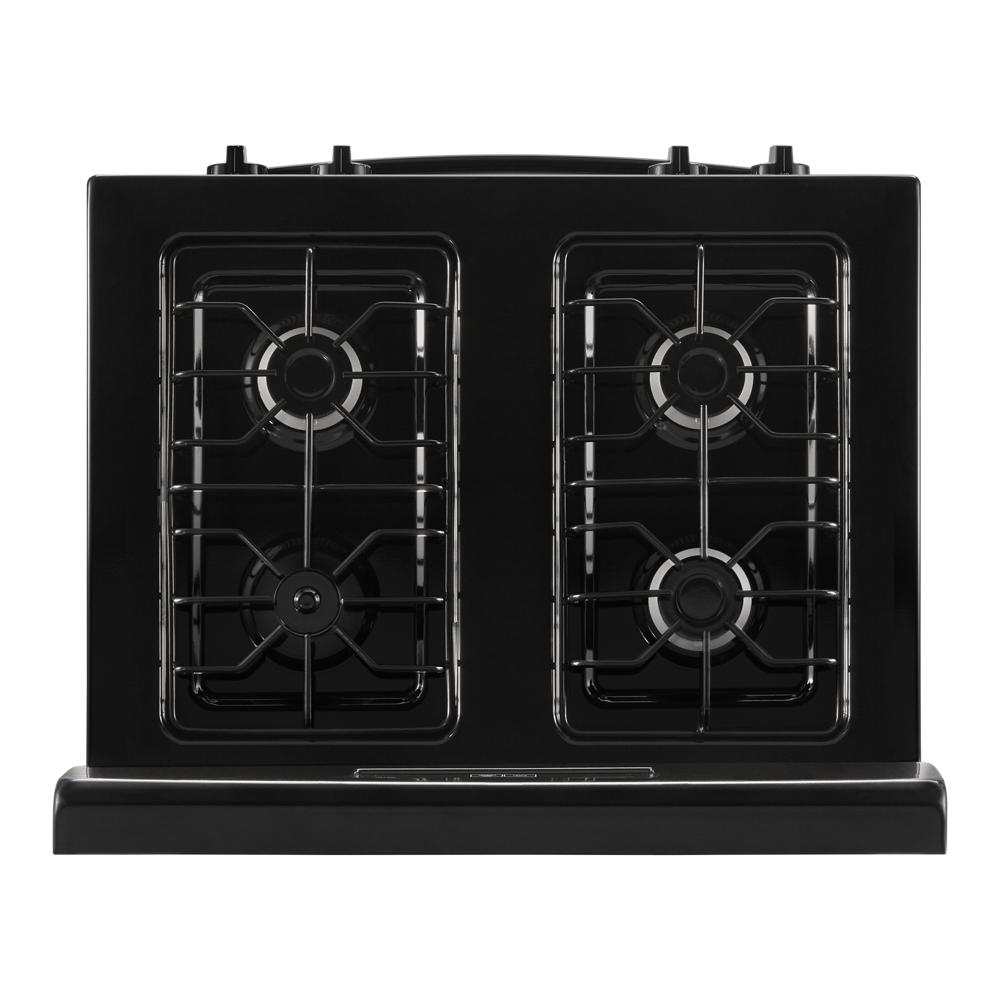 Black 30-inch gas range cooktop with four burners and sturdy grates from kitchen and appliance collection